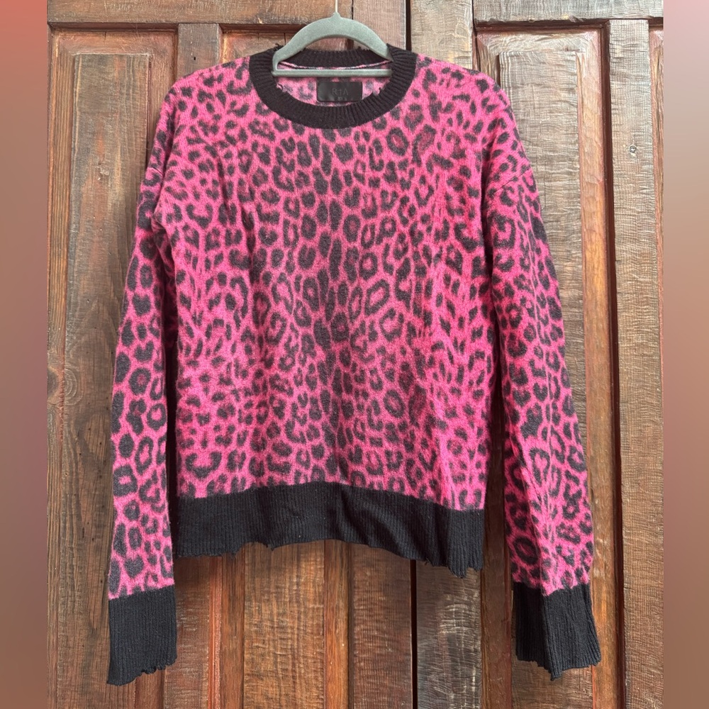 RtA Black and Pink Leopard Print Distressed 100% Cashmere Sweater